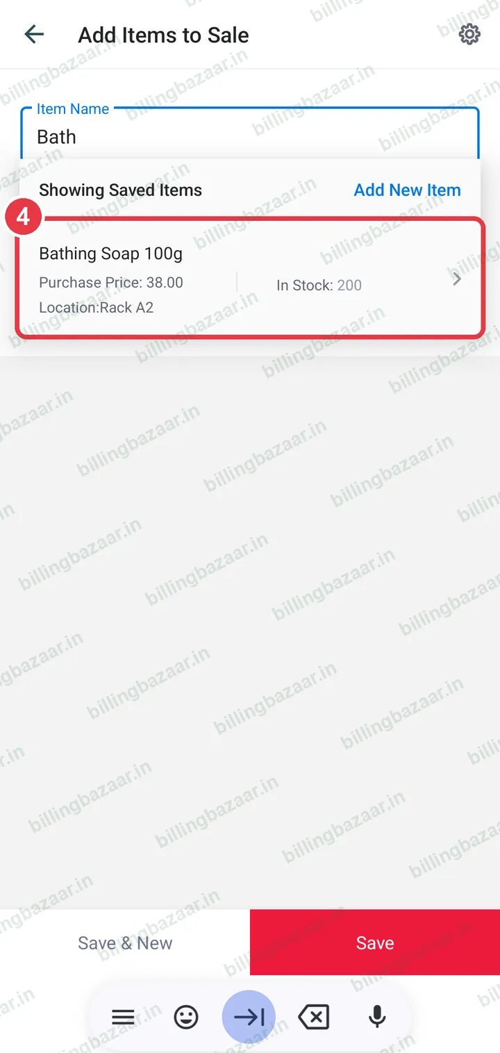 Item search list on Add Items to Sale