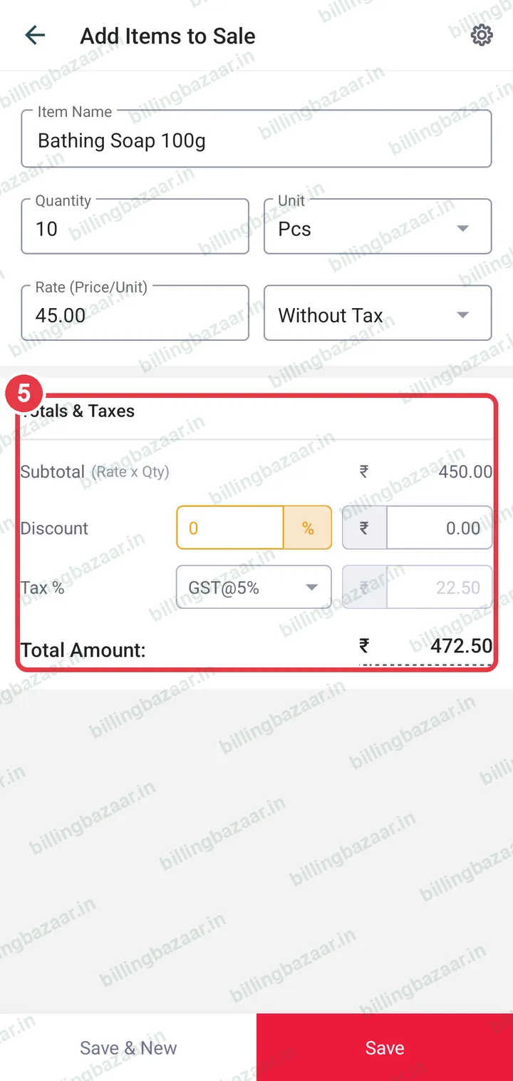 Totals and taxes for the item