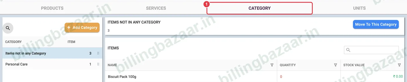 Vyapar Items Category tab