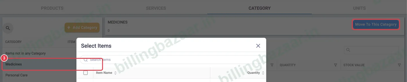Vyapar category selected with Move To This Category button