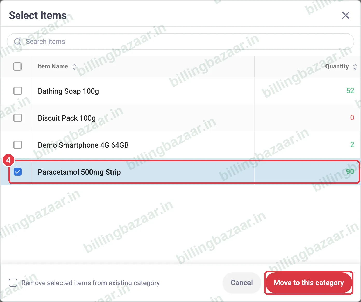 Vyapar Select Items dialog with an item ticked
