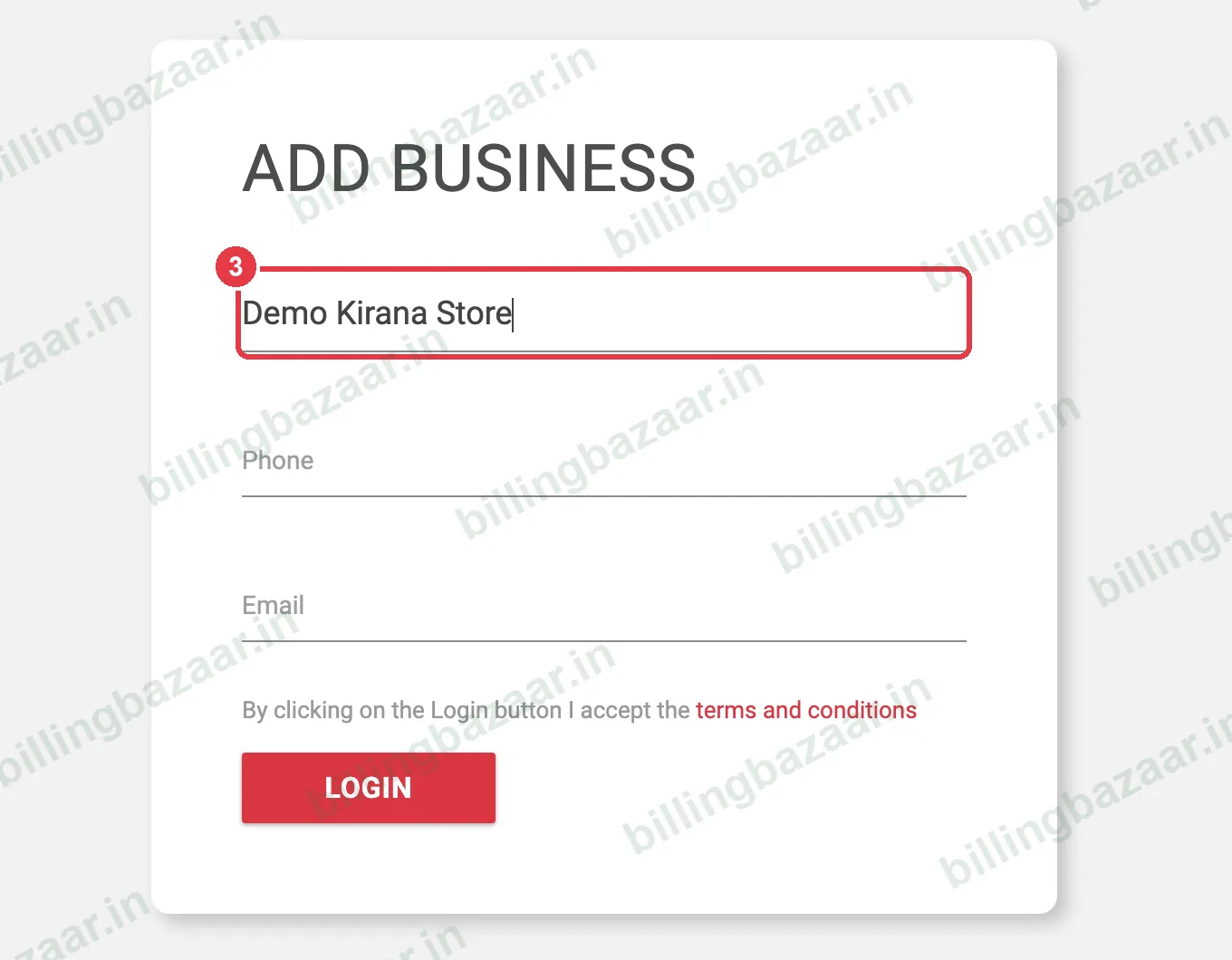 Vyapar Add Business form with the business name filled in
