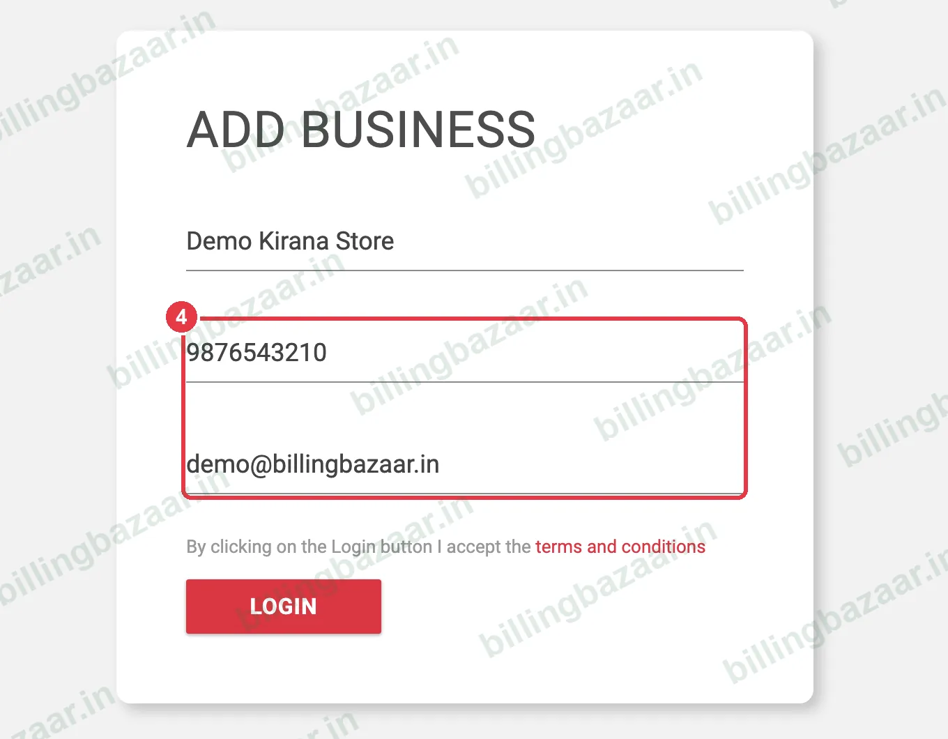Vyapar Add Business form with phone and email filled in