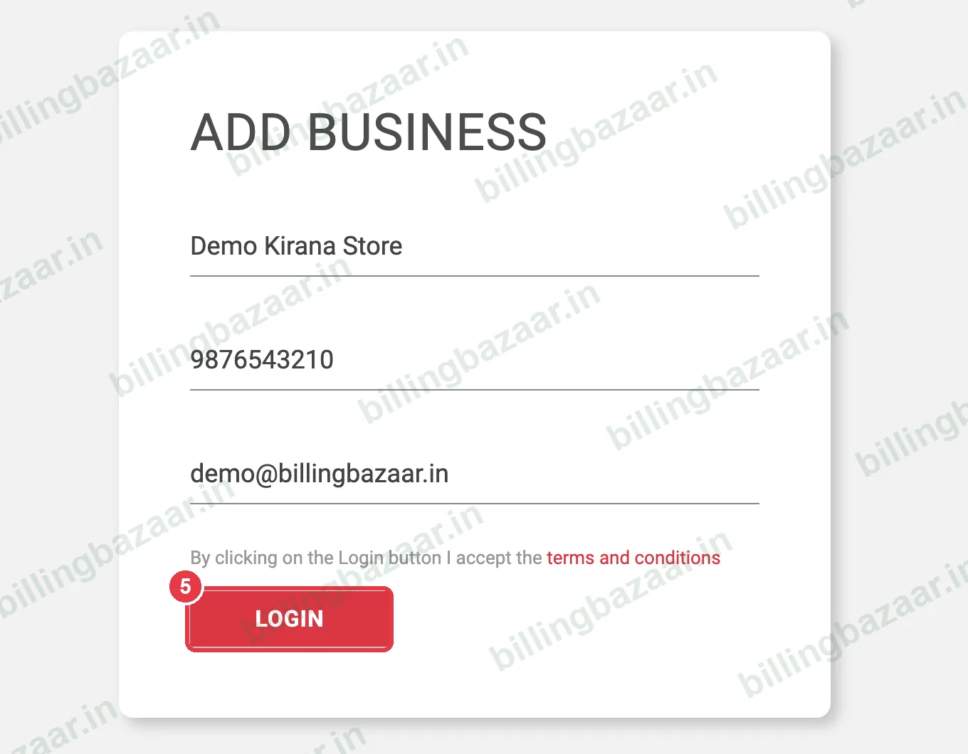 Vyapar Add Business form with the Login button highlighted
