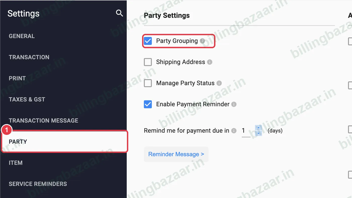 Vyapar party settings with Party Grouping ticked