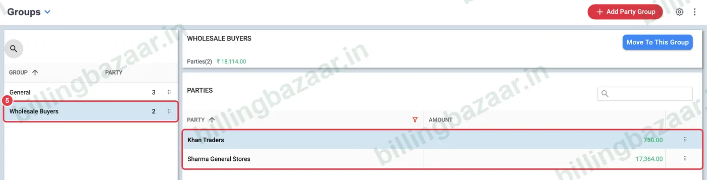 Vyapar party group with parties and total balance