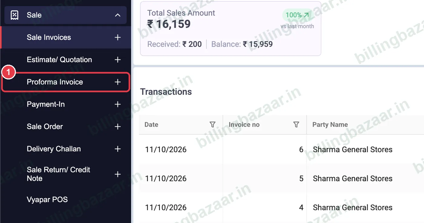 Vyapar Sale menu with Proforma Invoice