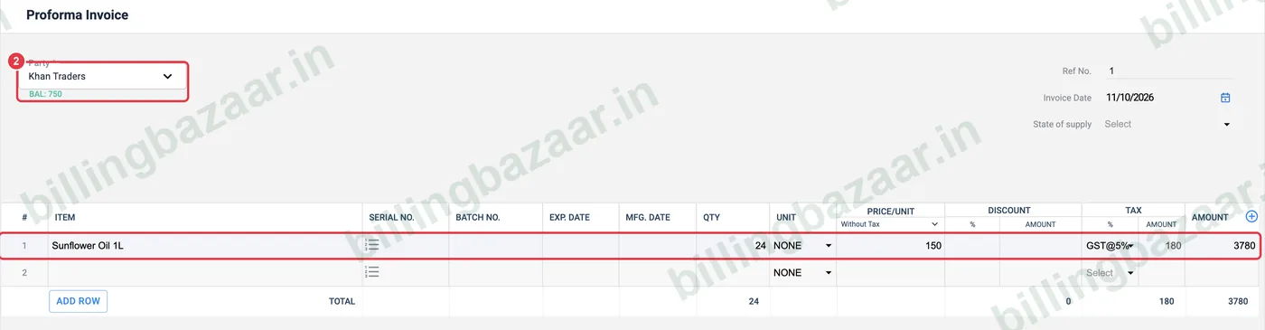 Vyapar proforma invoice with party and item