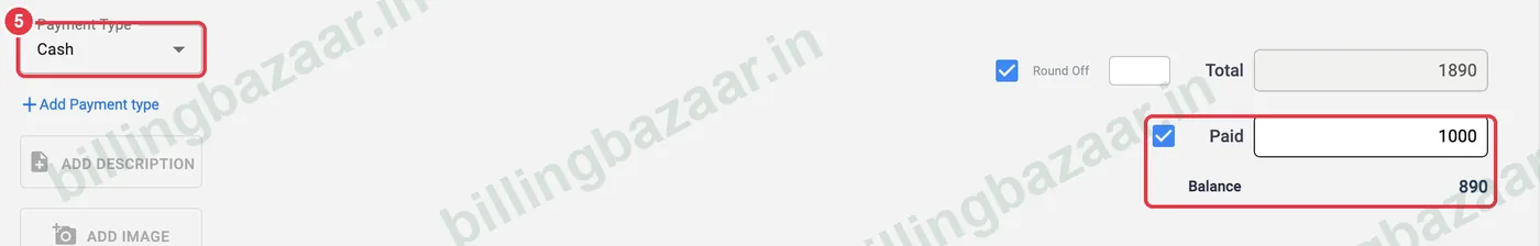 Vyapar purchase payment type, paid amount and balance