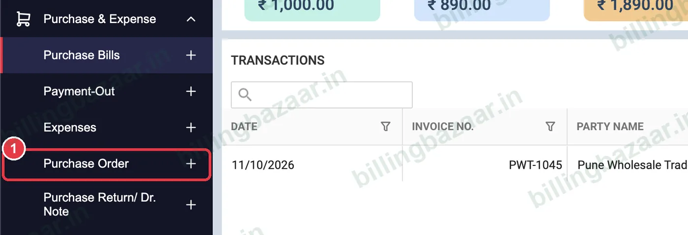 Vyapar menu with Purchase Order
