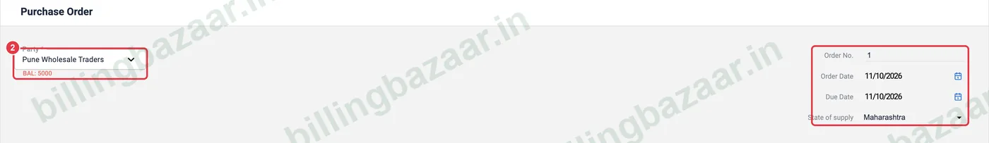 Vyapar purchase order with supplier, order number and due date