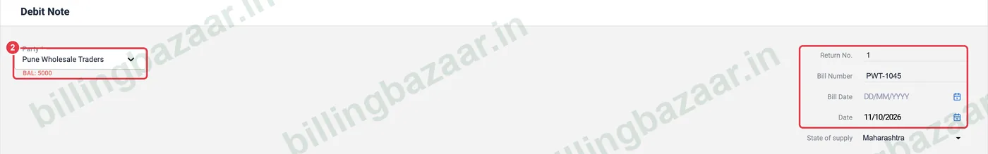Vyapar debit note with supplier, return number and bill number