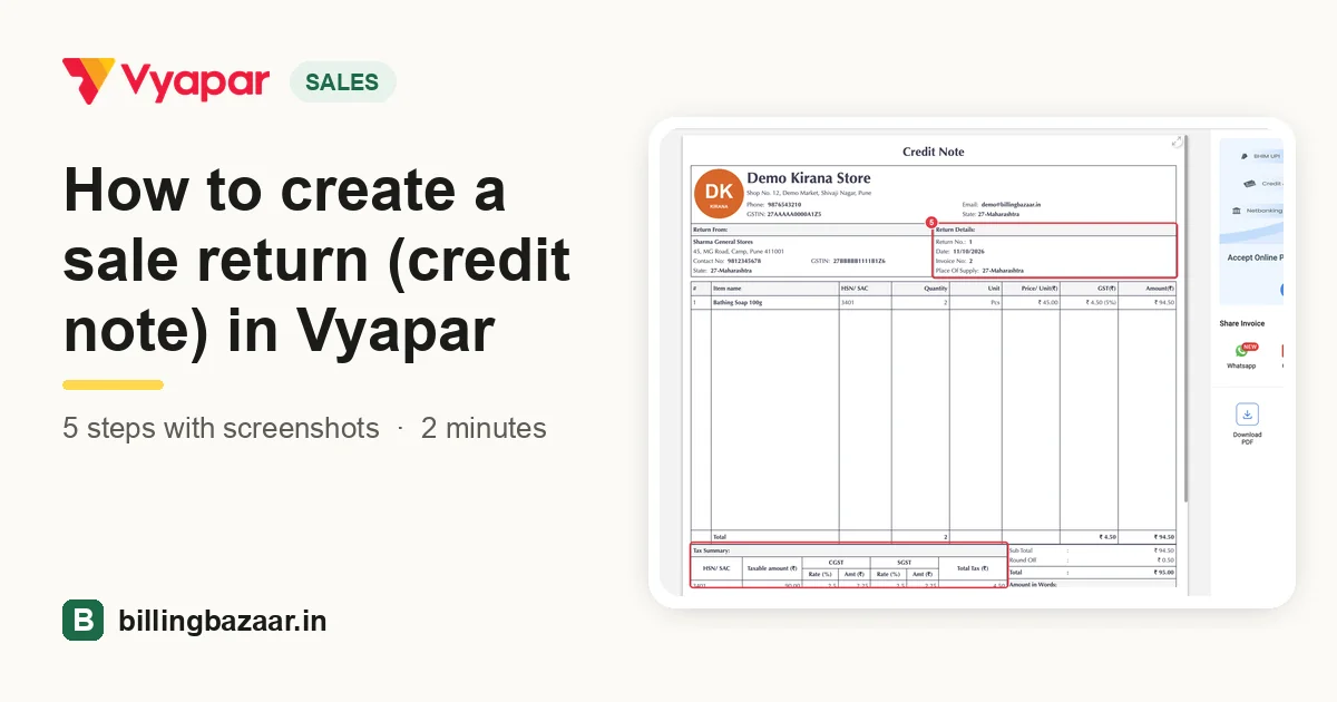 How to create a sale return (credit note) in Vyapar