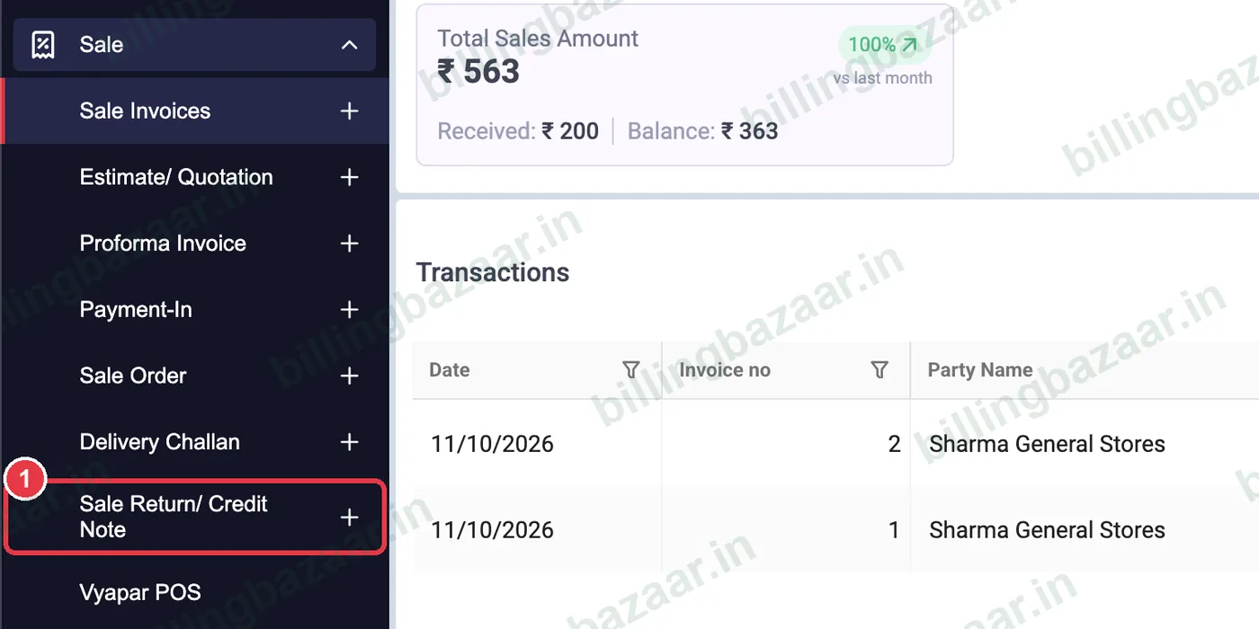 Vyapar Sale menu with Sale Return Credit Note highlighted