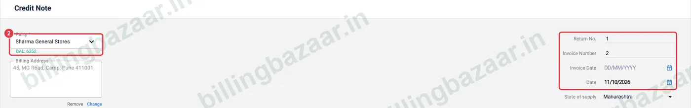 Vyapar credit note with party, return number and original invoice