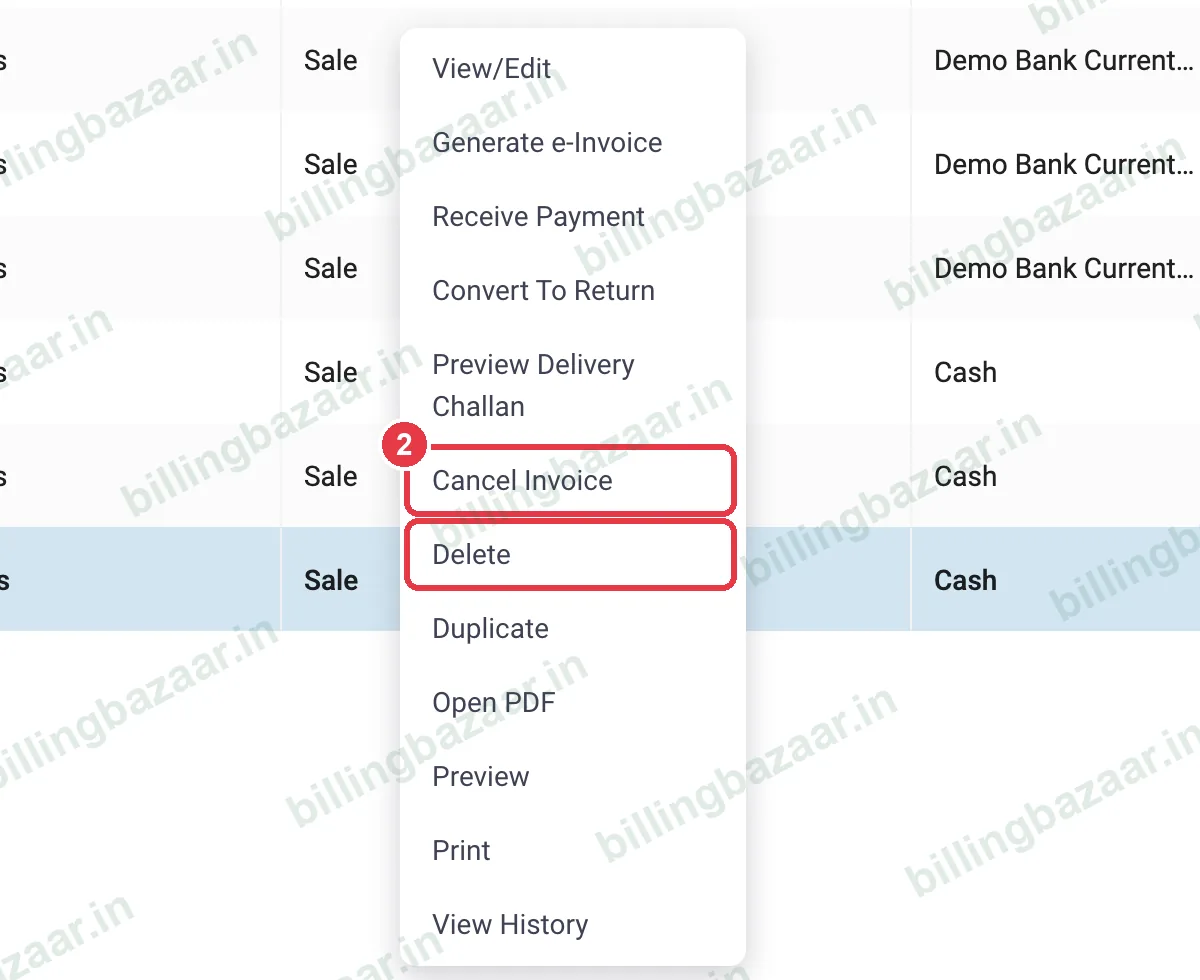 Vyapar context menu with Cancel Invoice and Delete