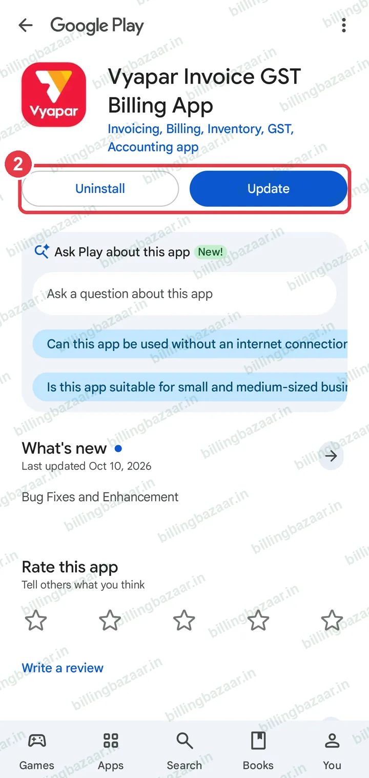 Play Store-এ Vyapar অ্যাপের পেজ, ইনস্টলের বোতাম হাইলাইট করা