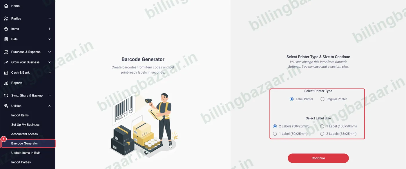 Vyapar barcode generator printer type and label size