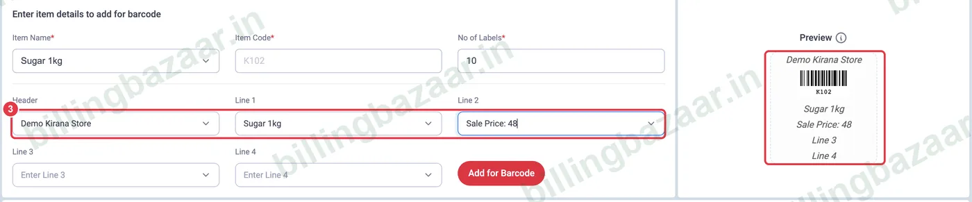 Vyapar barcode label header and lines with preview