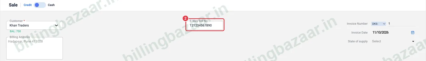 Vyapar sale with E-Way Bill No. field