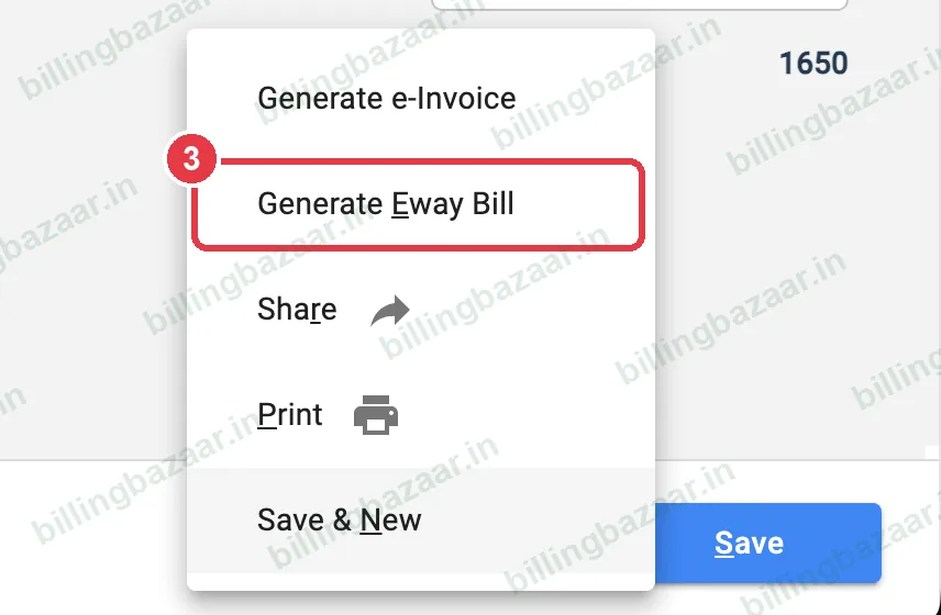 Vyapar menu with Generate Eway Bill