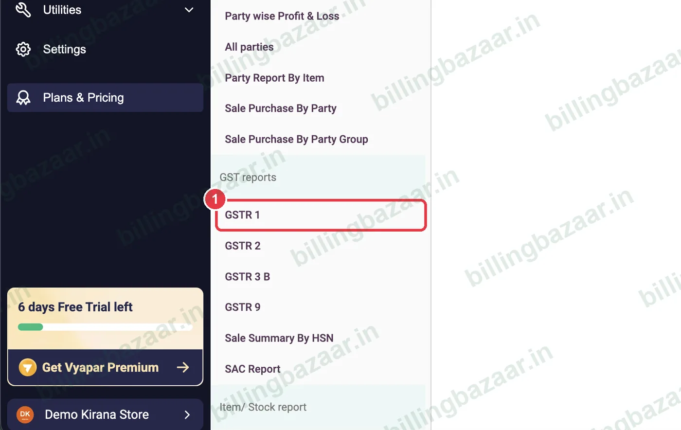 Vyapar reports list with GSTR 1 highlighted