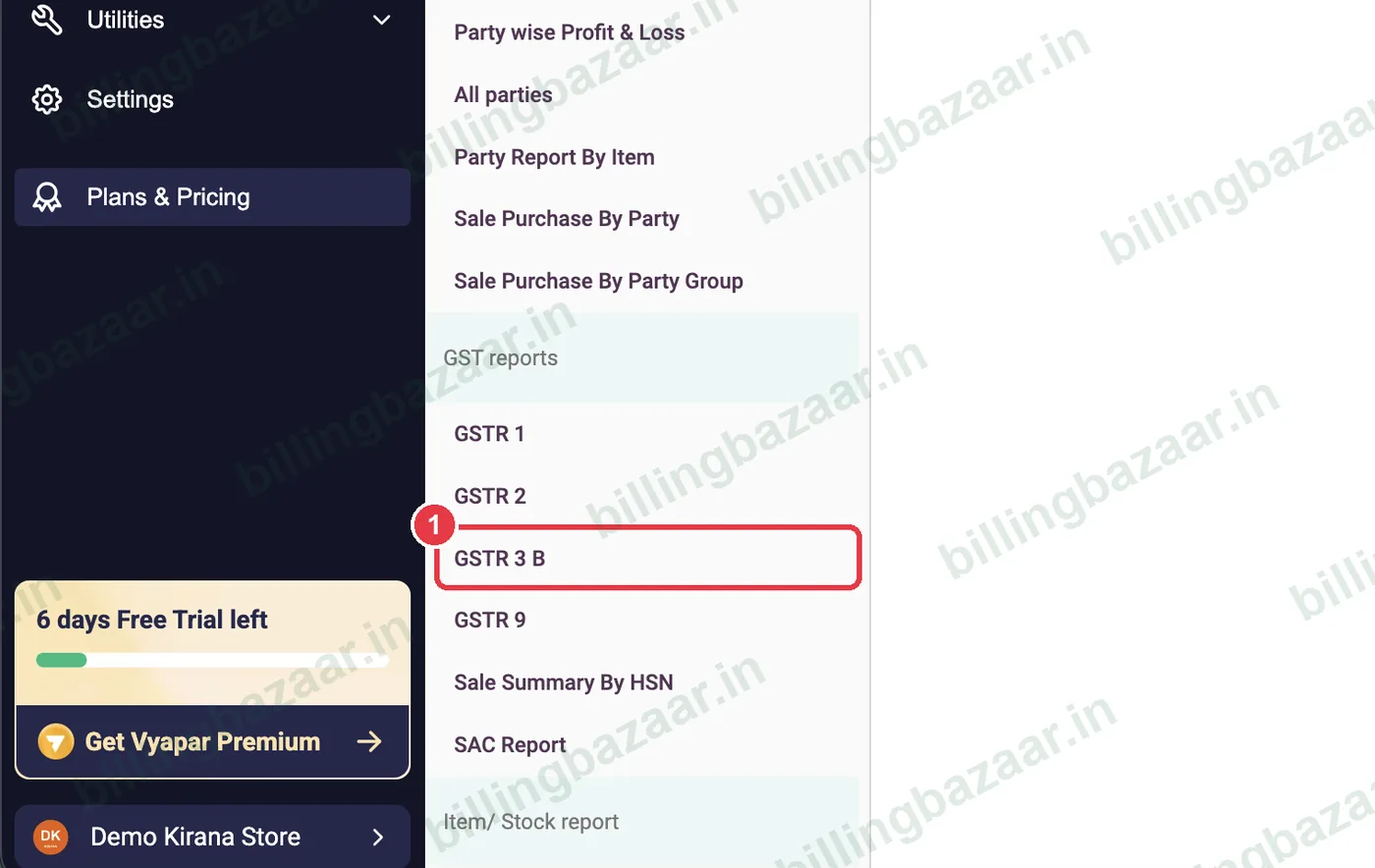 Vyapar reports list with GSTR 3B highlighted