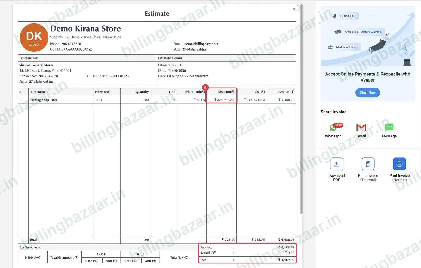 Vyapar invoice showing discount amount and percentage
