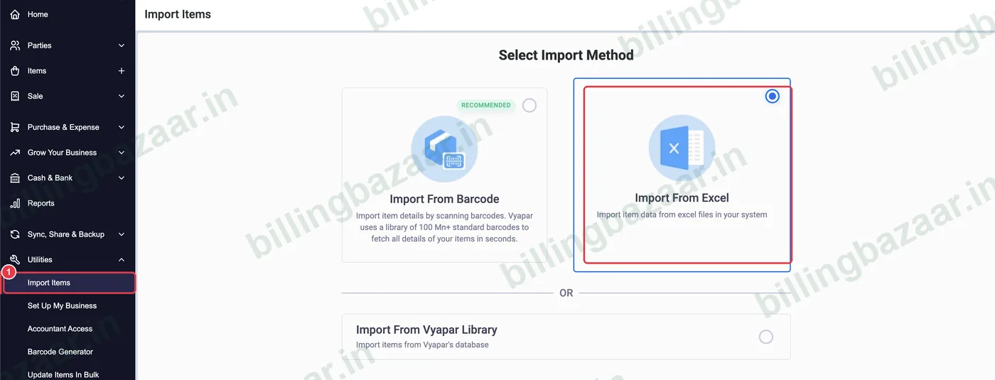 Vyapar Import Items with Import From Excel selected