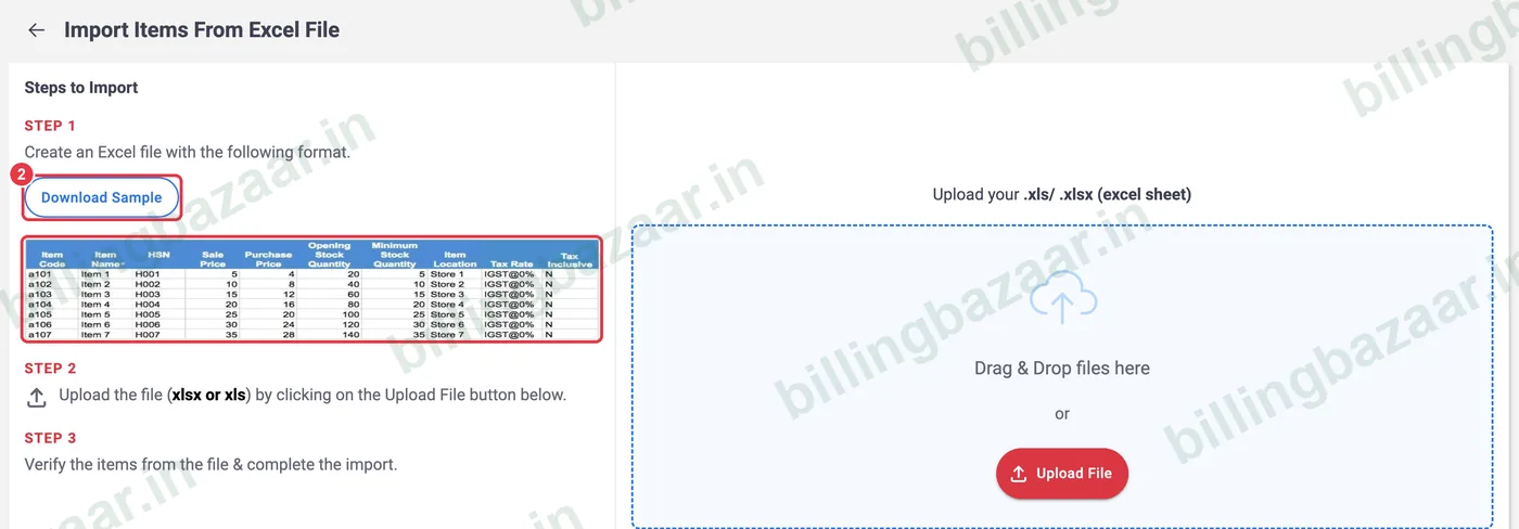 Vyapar import steps and Excel sample format