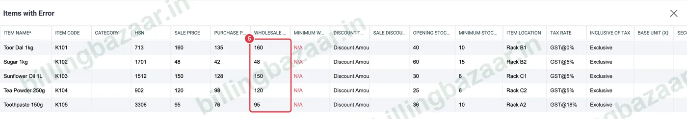 Vyapar items with error showing N/A in minimum wholesale quantity