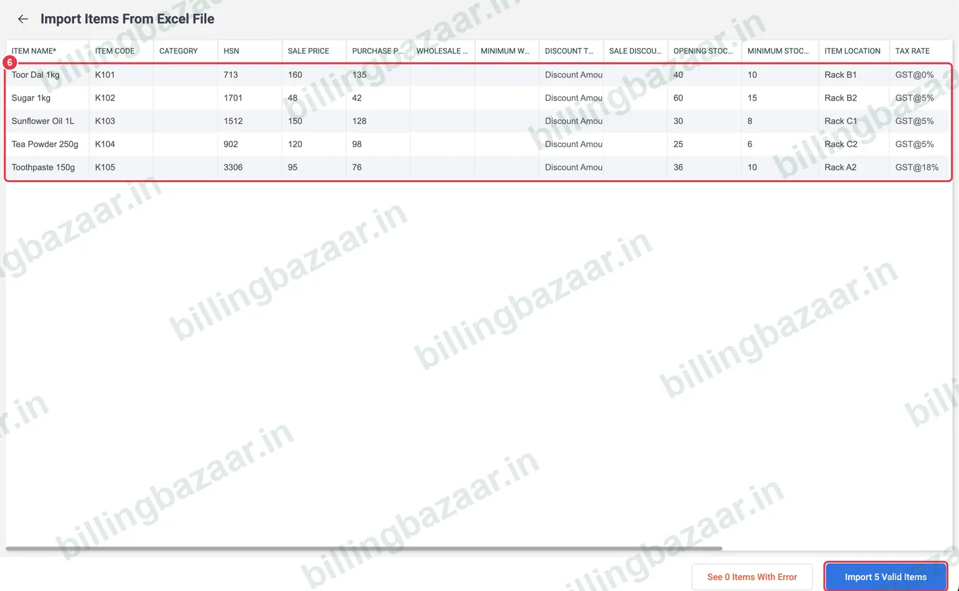 Vyapar import preview with Import 5 Valid Items