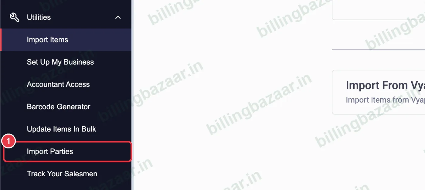 Vyapar Utilities menu with Import Parties