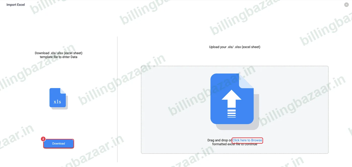 Vyapar Import Excel screen with Download and Browse