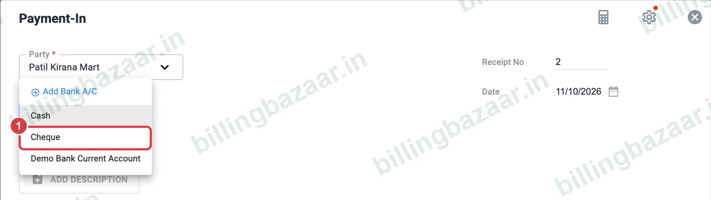 Vyapar payment type list with Cheque