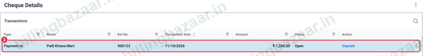 Vyapar Cheque Details with an open cheque