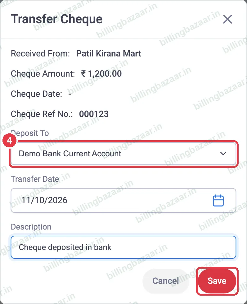 Vyapar Transfer Cheque deposit to bank