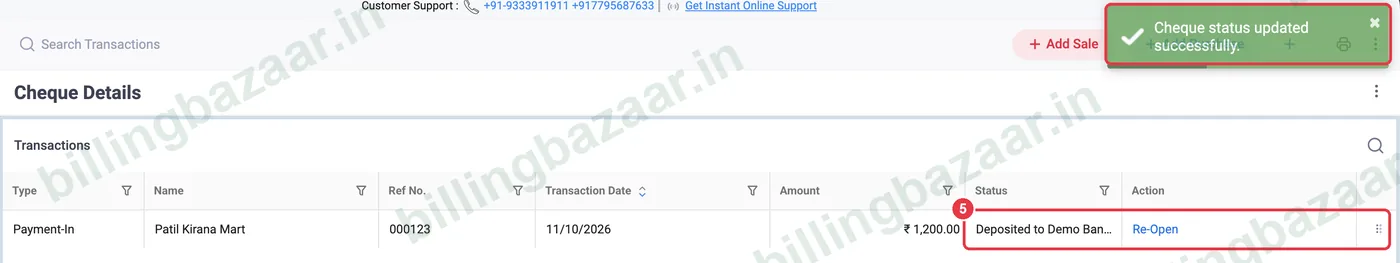 Vyapar cheque deposited with Re-Open