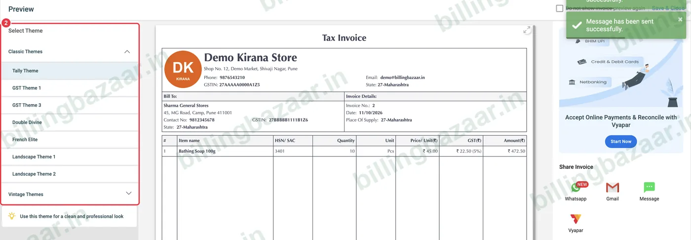 Vyapar select theme before printing