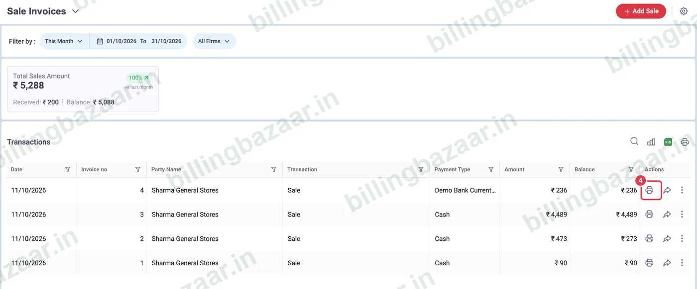 Vyapar sale invoice list with print icon