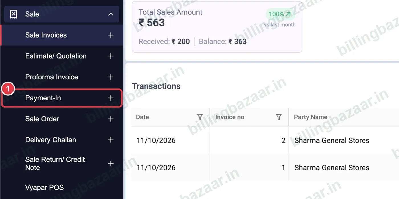 Vyapar Sale menu with Payment-In highlighted