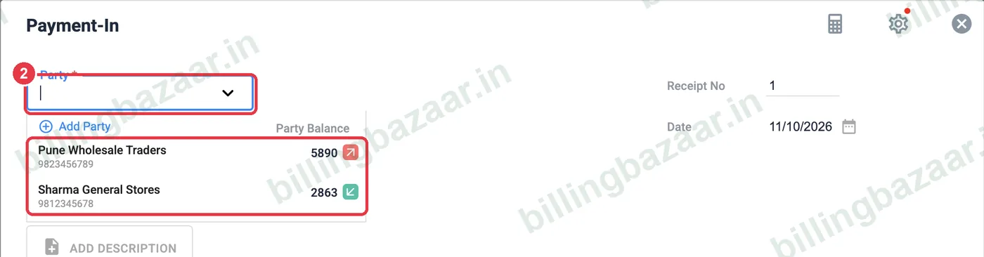 Vyapar Payment-In party list with balances