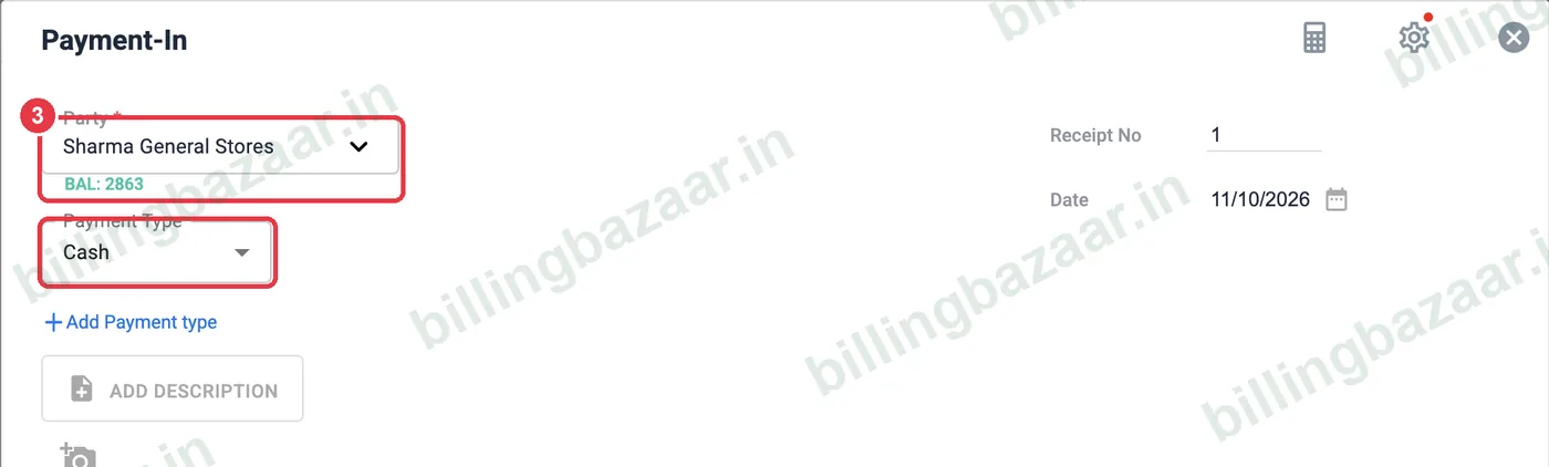 Vyapar Payment-In party balance and payment type
