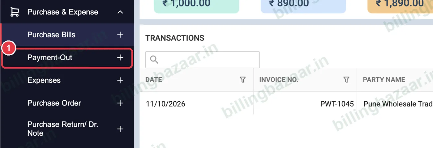 Vyapar Purchase and Expense menu with Payment-Out