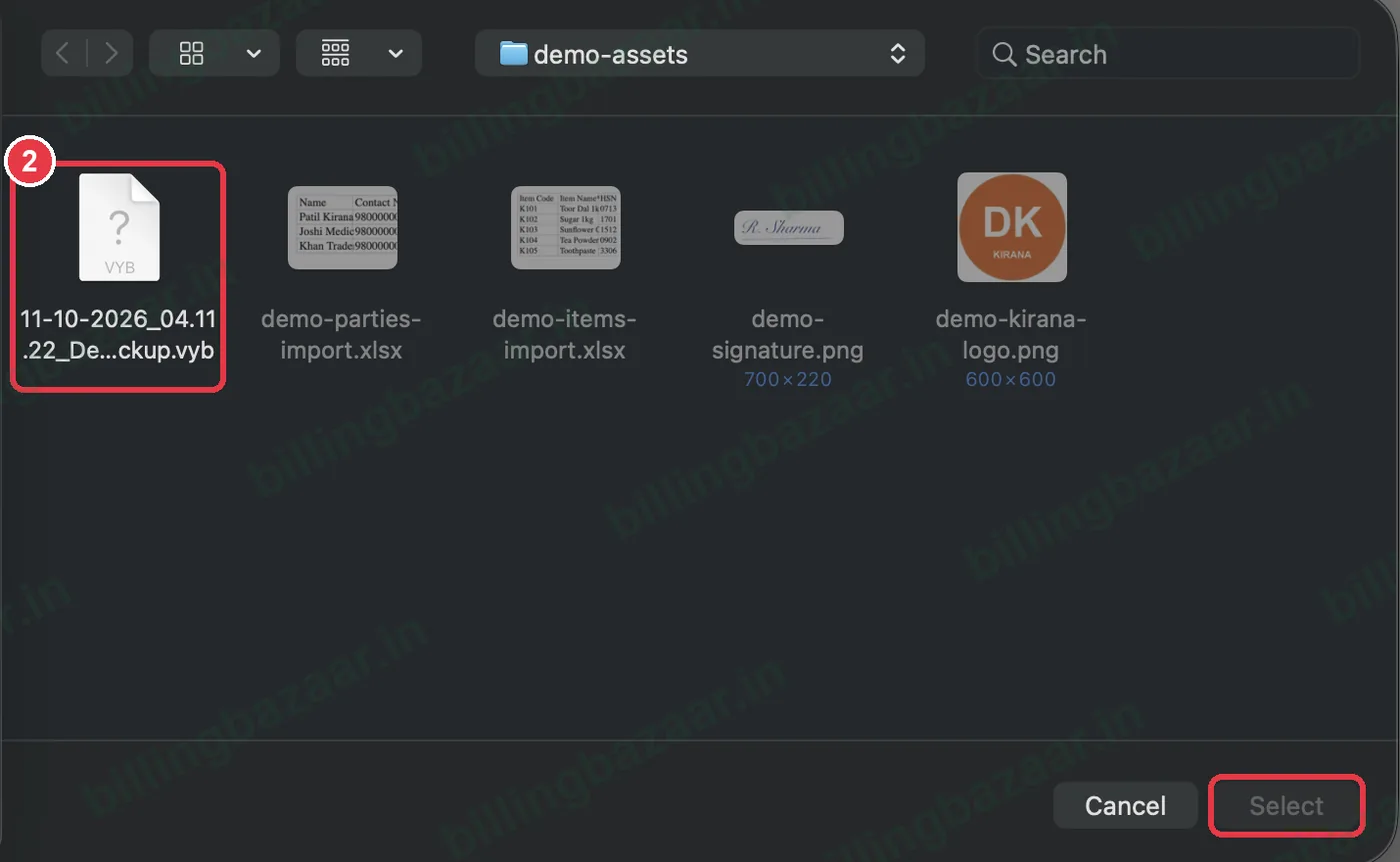 Vyapar restore file picker with a backup file