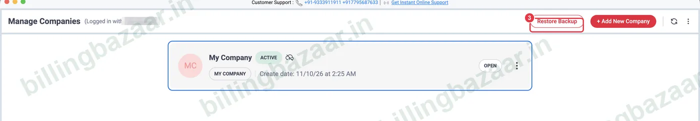 Vyapar Manage Companies Restore Backup button
