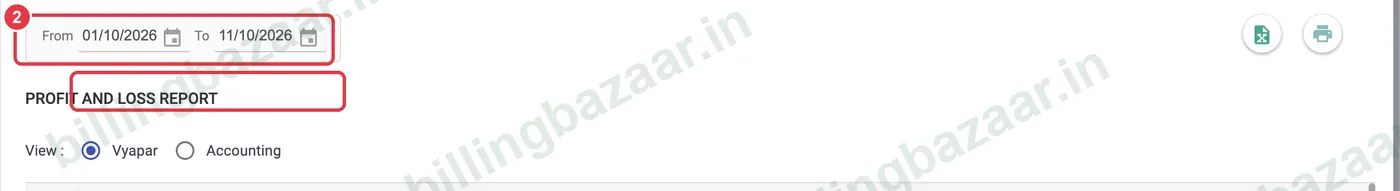Vyapar profit and loss date range and view options