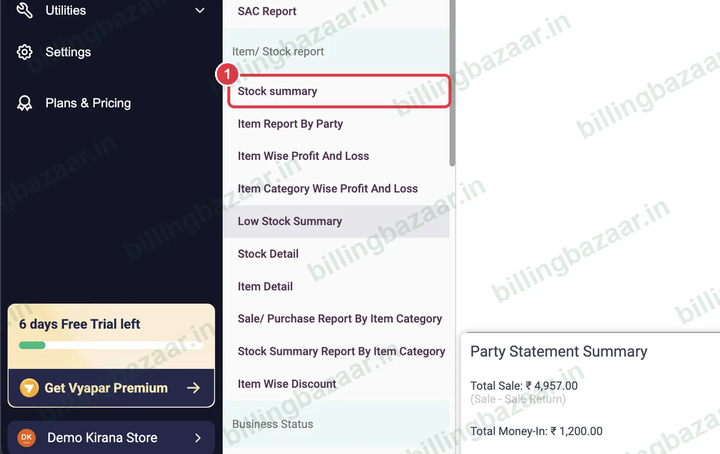 Vyapar reports list with Stock summary