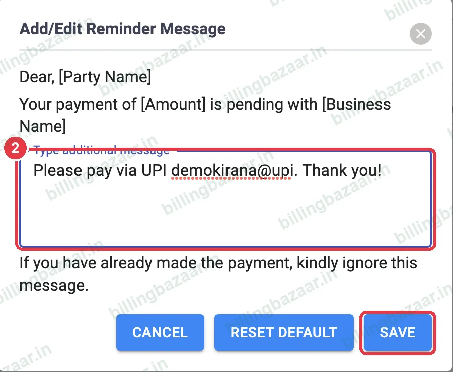 Vyapar reminder message editor