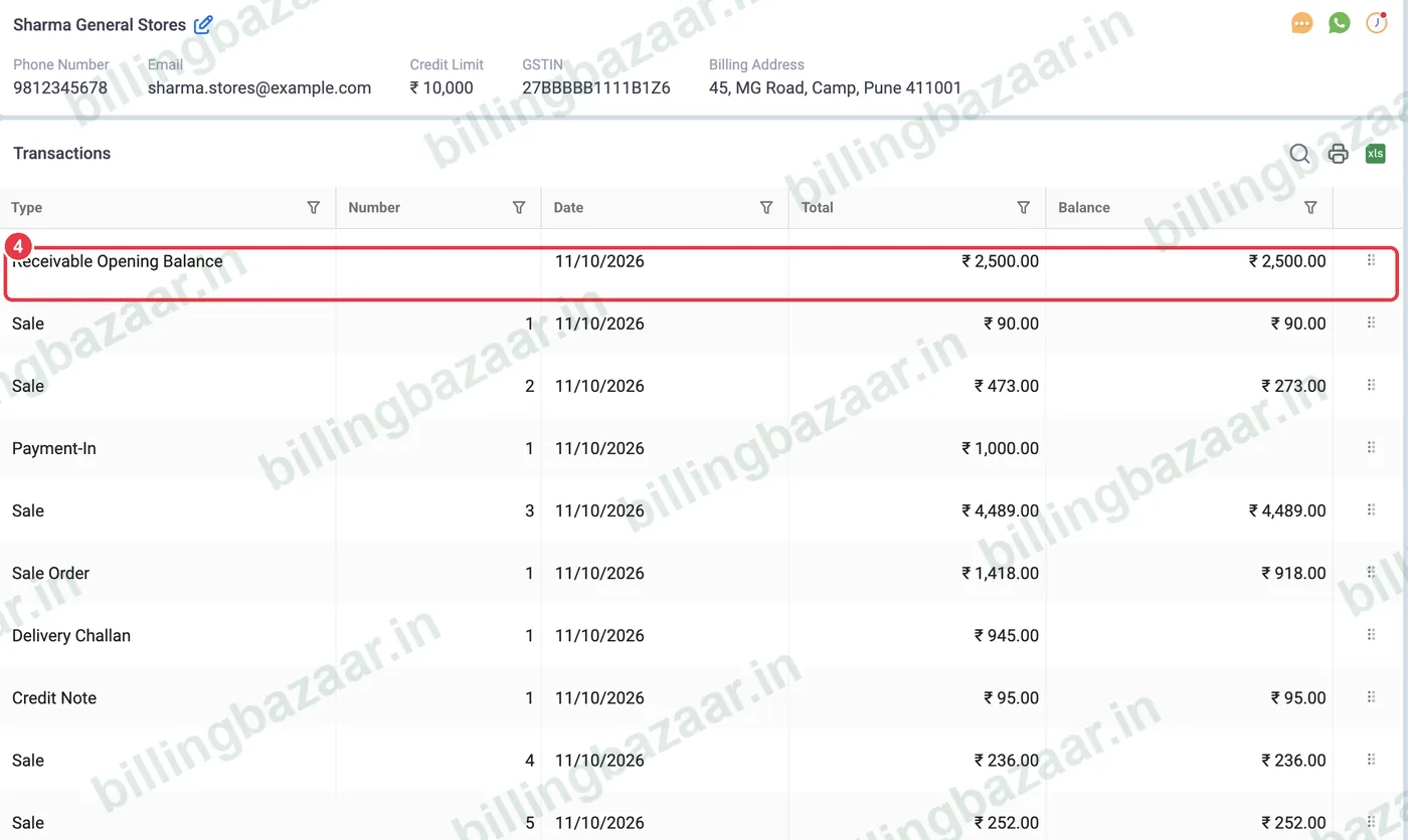 Vyapar party transactions with balances